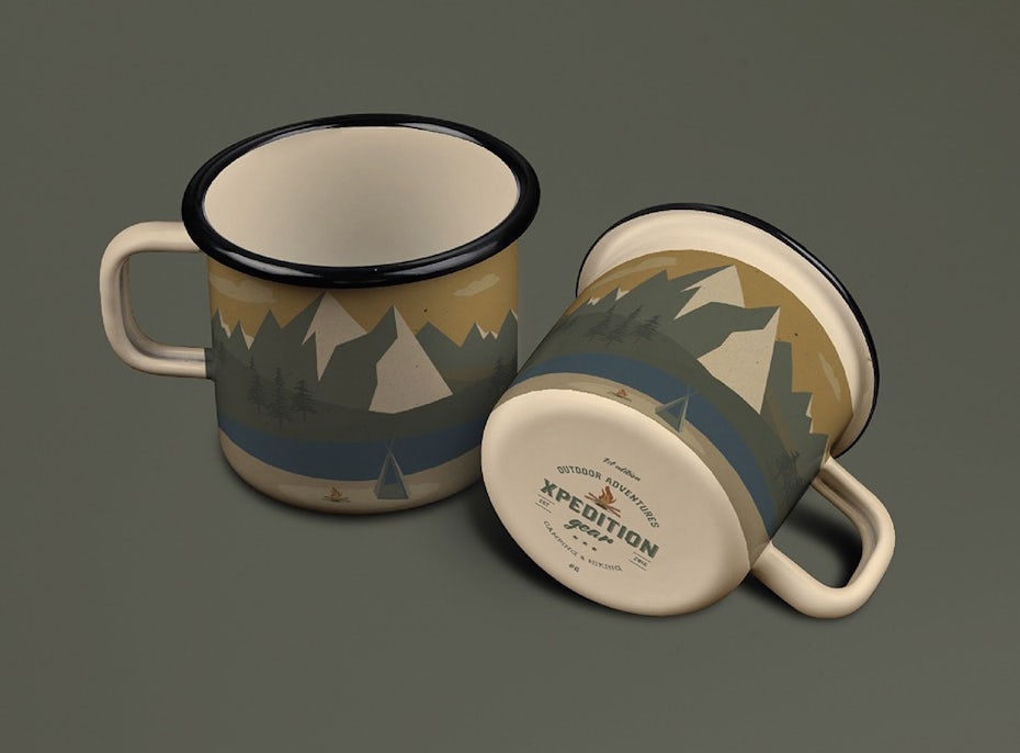 two mugs, side-by-side, both with a wilderness scene printed on them