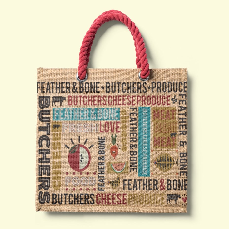 canvas bag showing a printed grocery design with images and words