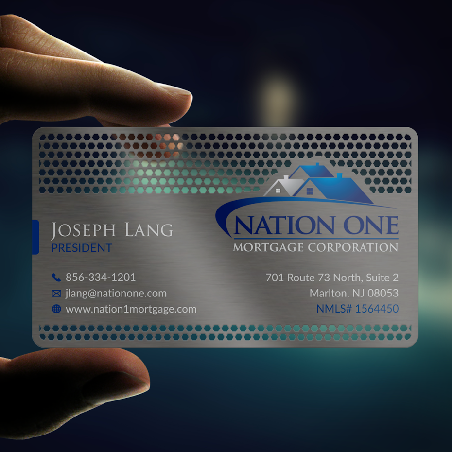 metal business card with white and blue text