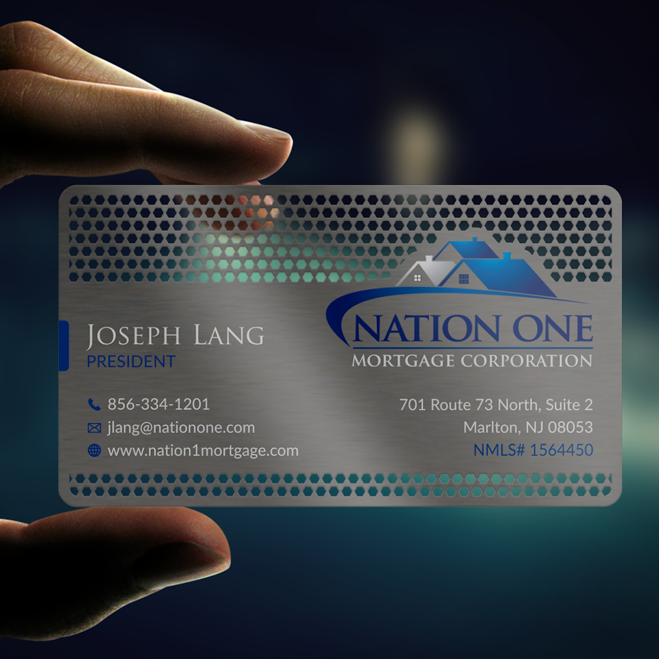 metal business card with white and blue text
