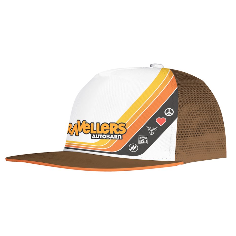 printed baseball cap with a brown, yellow and red design