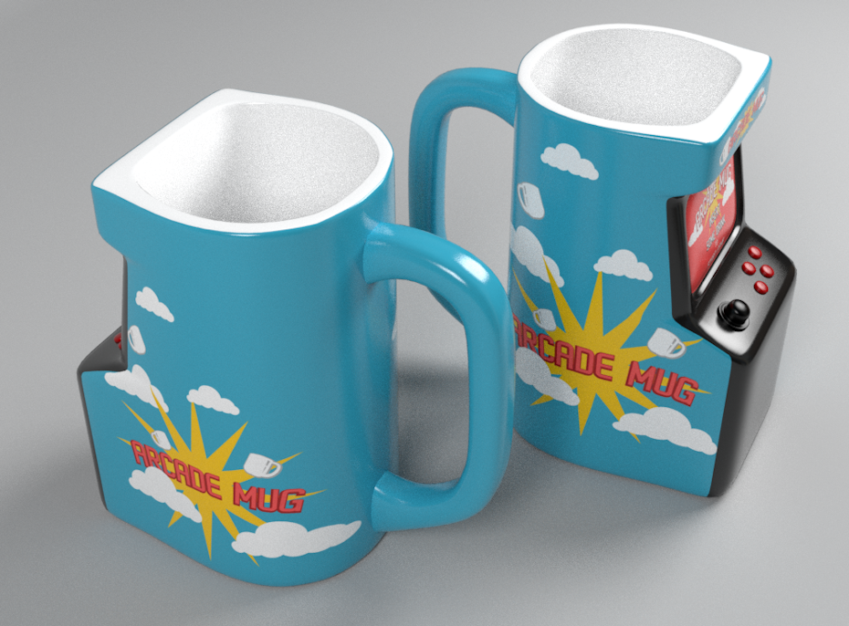 blue arcade cabinet-shaped mugs