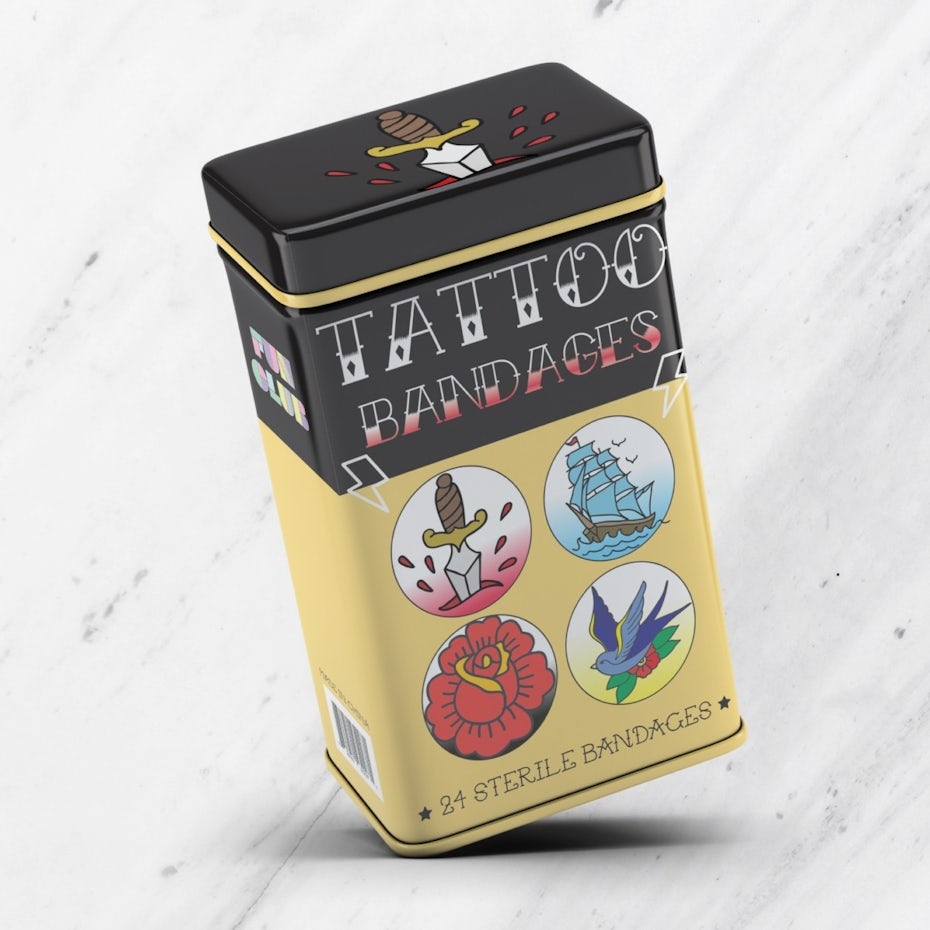 bandage box showing a vintage tattoo-inspired design
