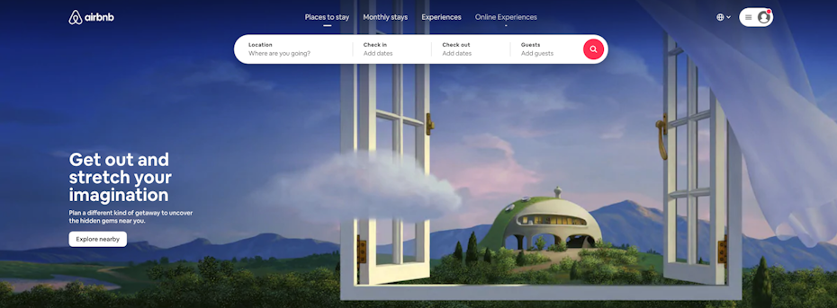AirBnb homepage featuring a search interface, bold visual, and mission message