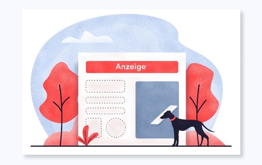 illustrations of a dog against different marketing stats