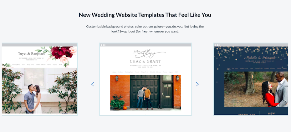Screenshot of a wedding website template service