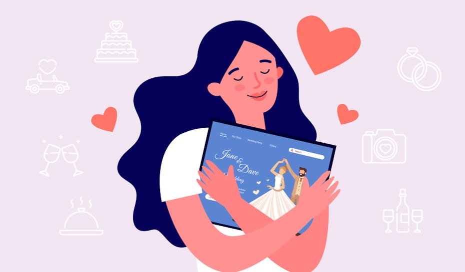 An illustrated character embracing a wedding website