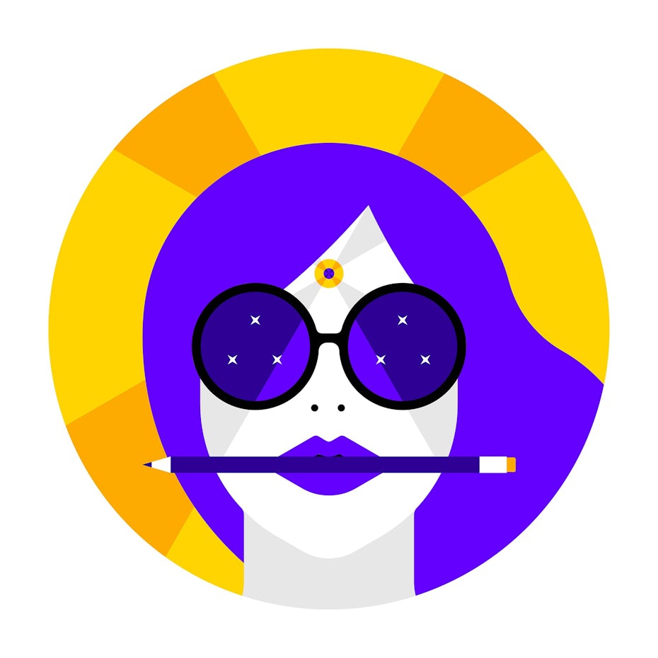 purple and yellow illustration of a woman with a pencil in her mouth