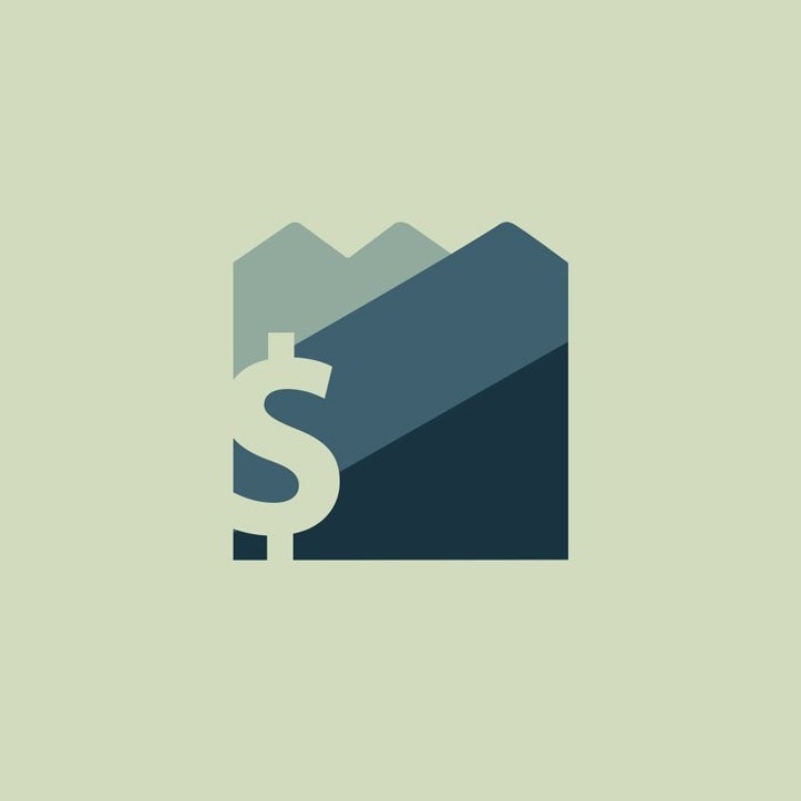 app logo in shades of gray and blue showing a mountain and dollar sign