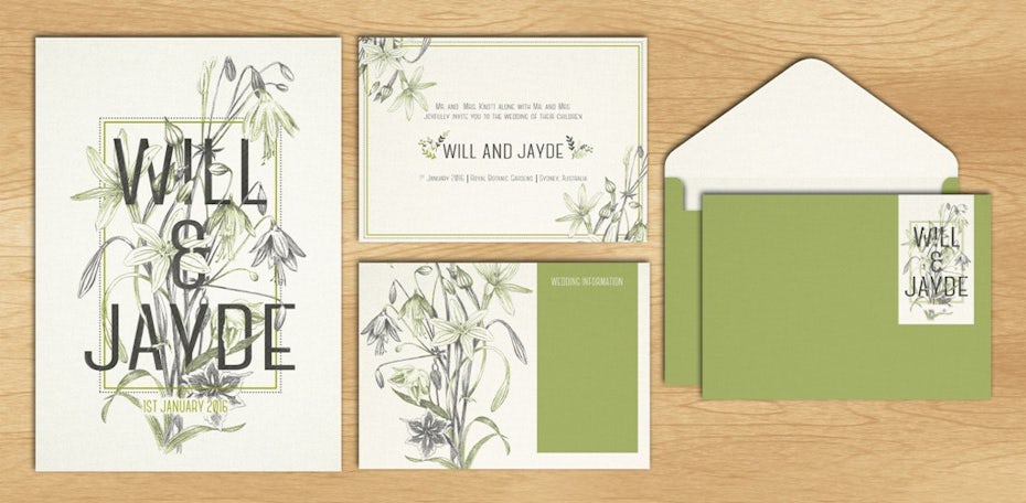 A green, illustrated wedding logo, invitation, and stationery design