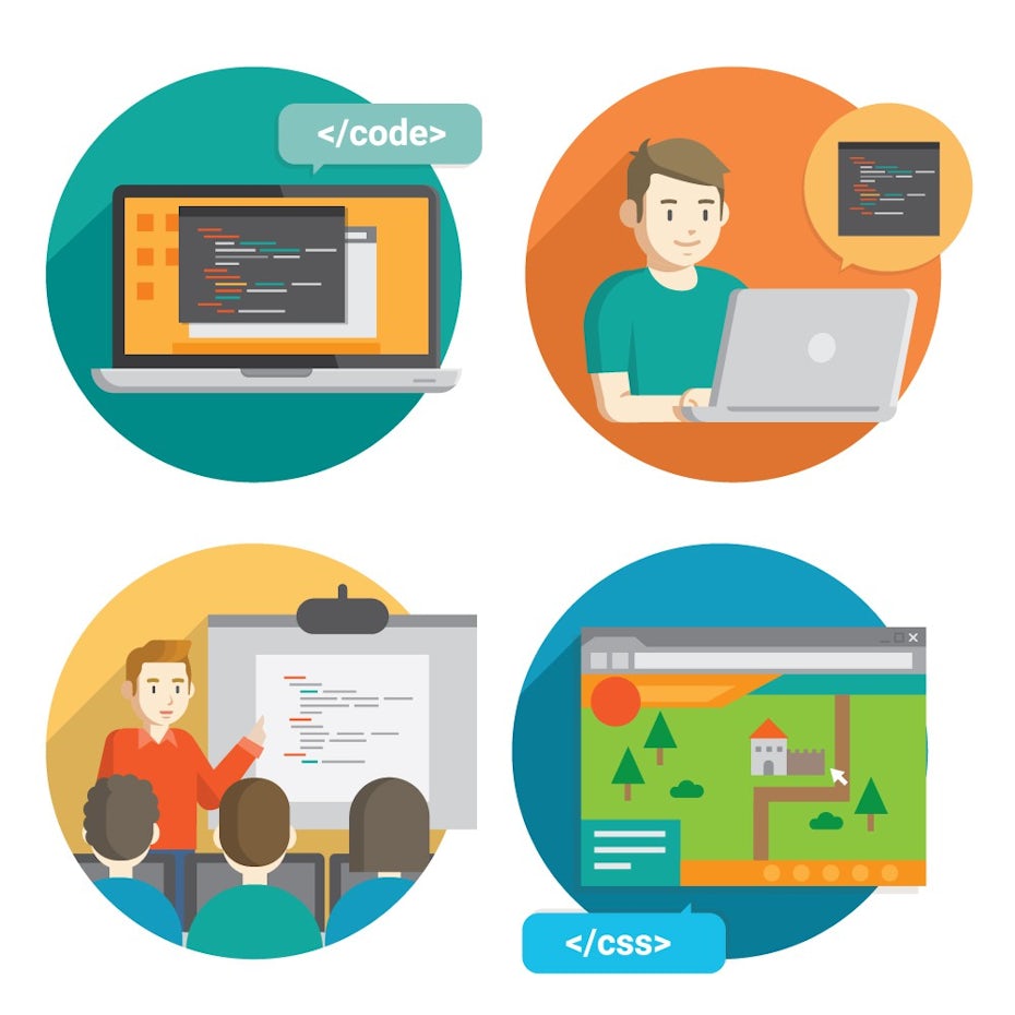 Illustrated badges of people learning code