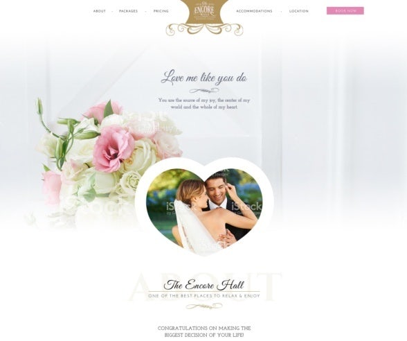 A wedding website design with a pink, gold and white color scheme