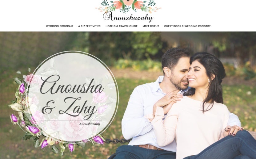 A wedding website design with floral illustrations and a pink color scheme