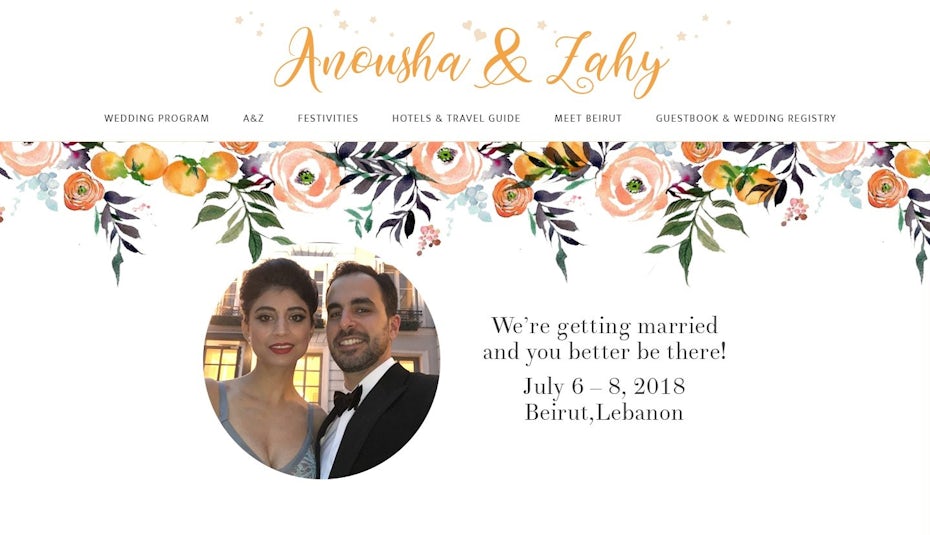 Minimalist wedding website design with watercolor flowers