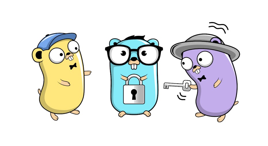 go gopher illustration with three gophers holding lock and key