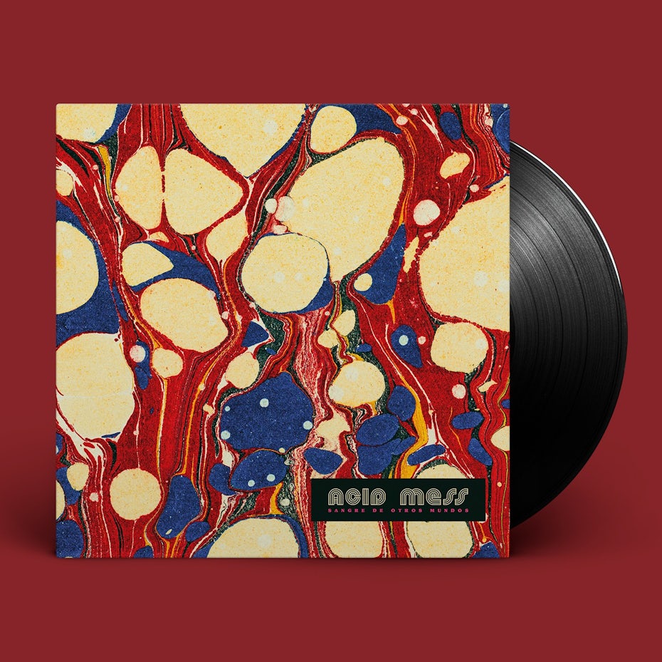 mostly red album cover with yellow and blue blobs