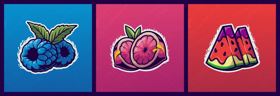 Halftone textured fruit illustrations for label design