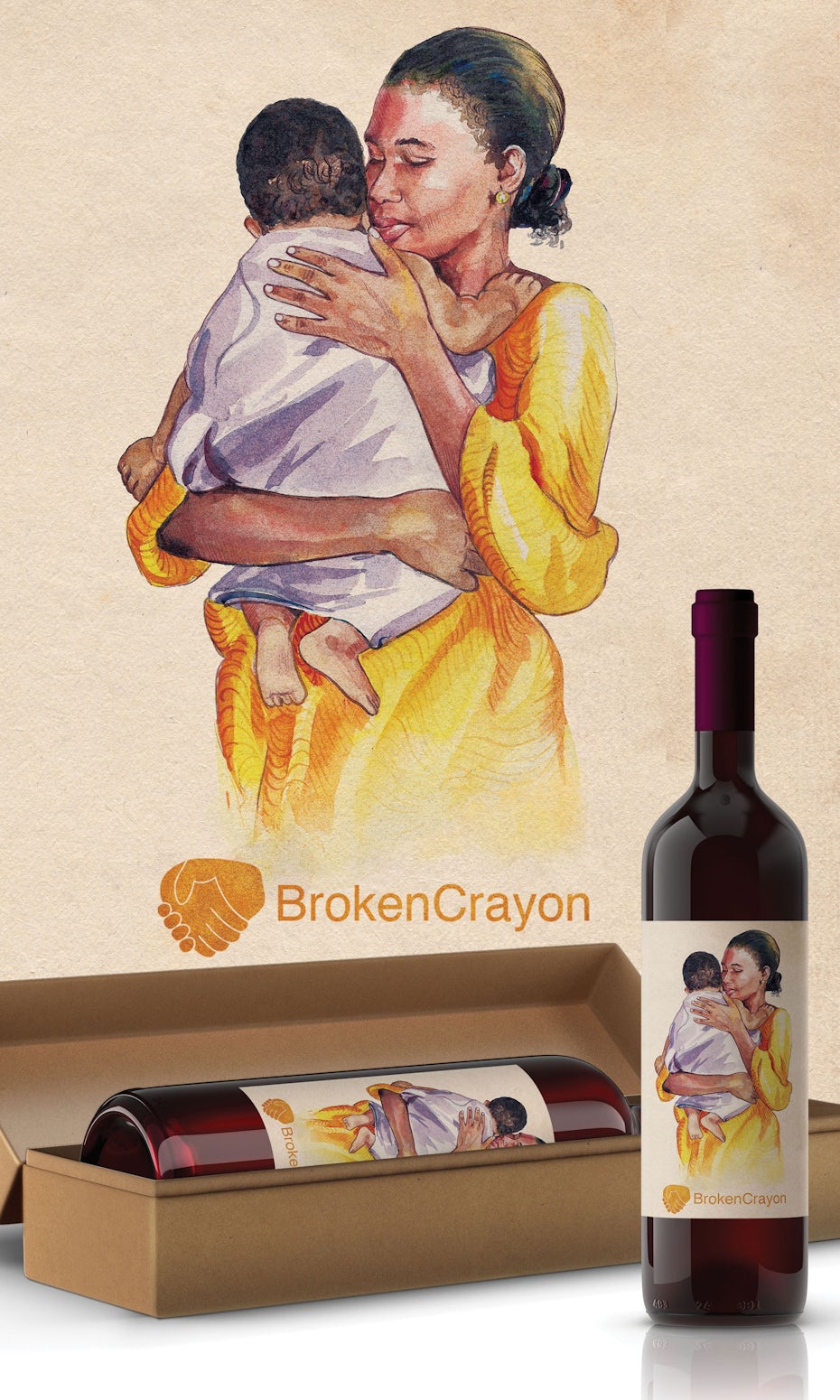 Watercolor wine label design of a mother and baby