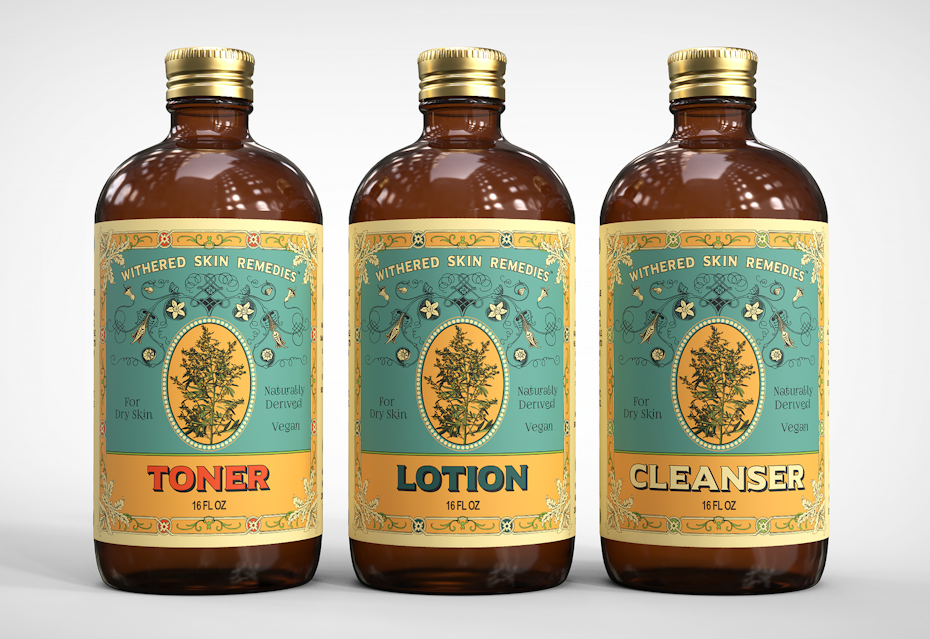 vintage experience packaging design trend: three glass bottles of skin products with vintage-inspired labels