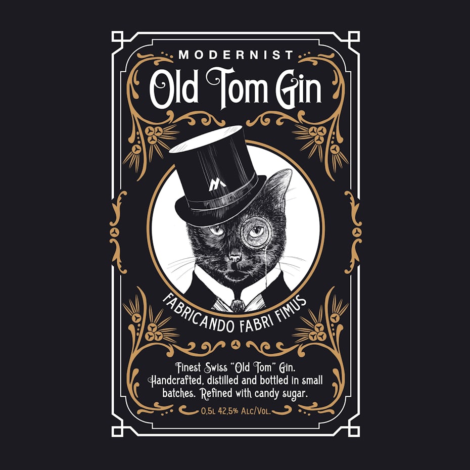 story-driven packaging design trend: black gin label showing an illustration of a cat in a top hat