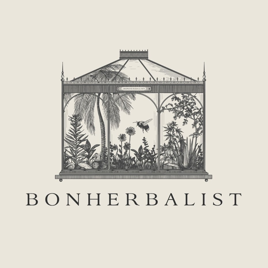 technical drawing packaging design trend: ink drawing design showing a gazebo and a bee