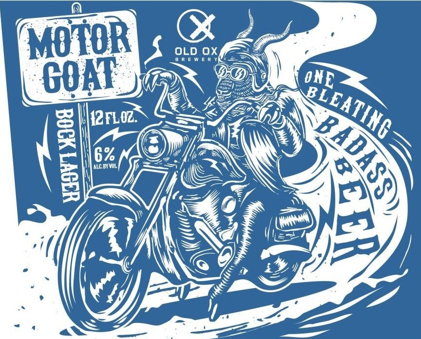 Blue beer can label of a goat riding a motorcycle