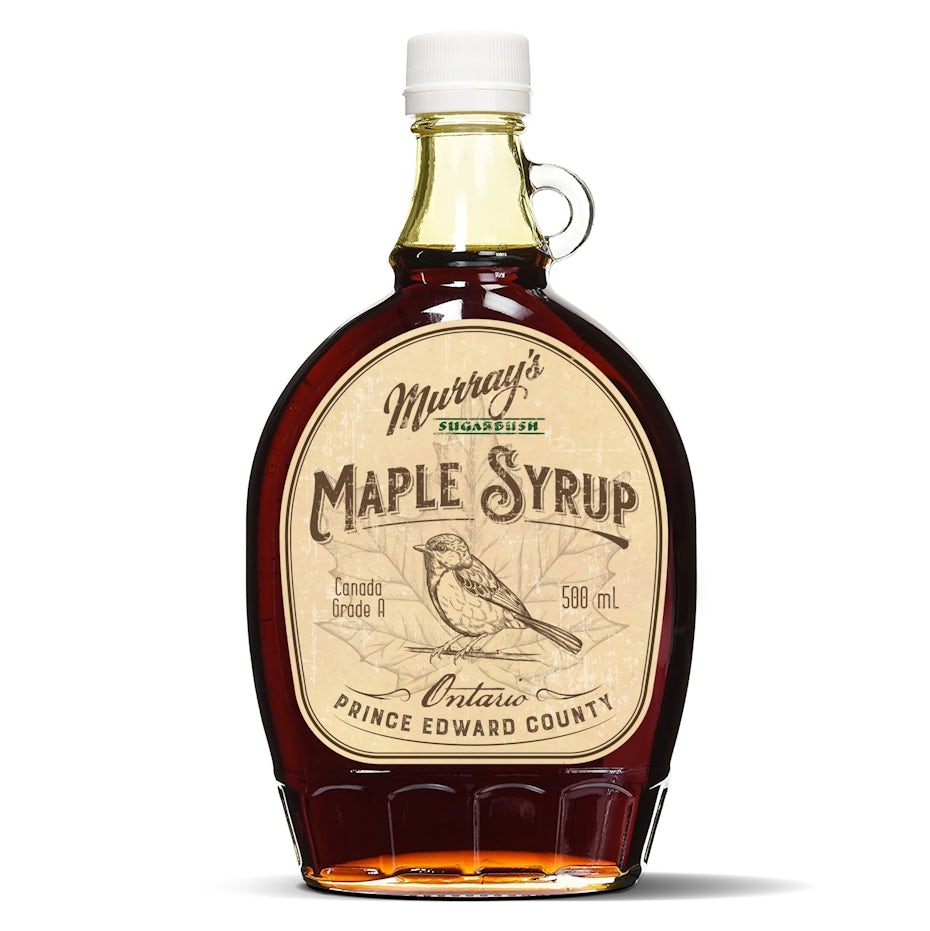vintage experience packaging design trend: maple syrup bottle with illustrated label