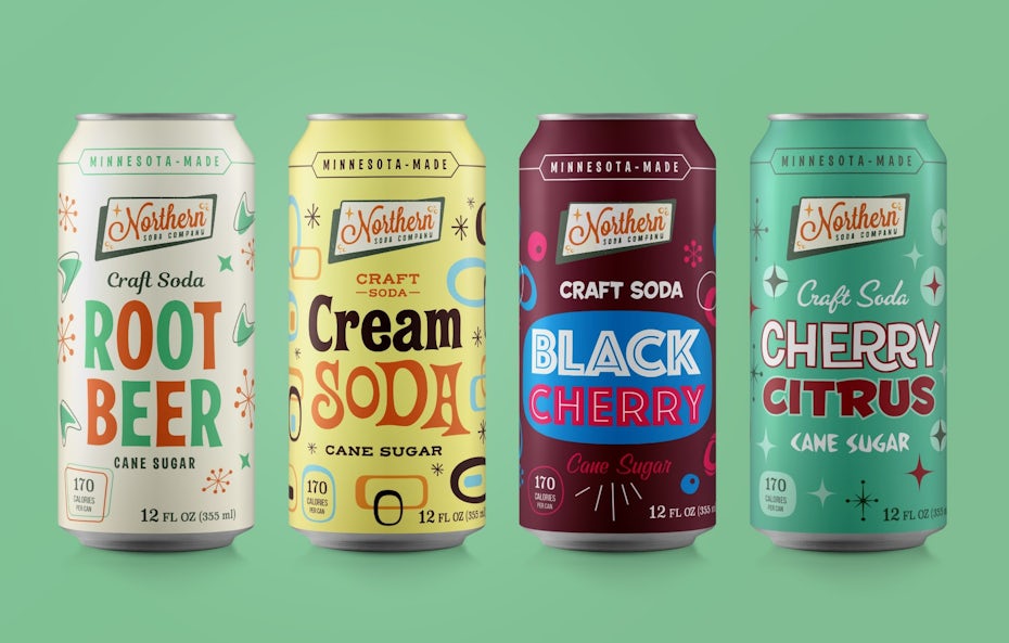 name-focussed packaging design trend: four soda cans, each in a different color with bold text