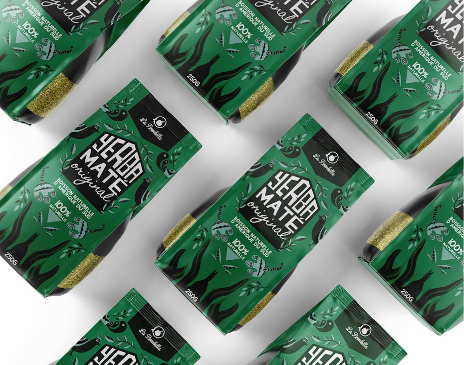 symmetry packaging design trend: green yerba mate packaging with a symmetrical pattern