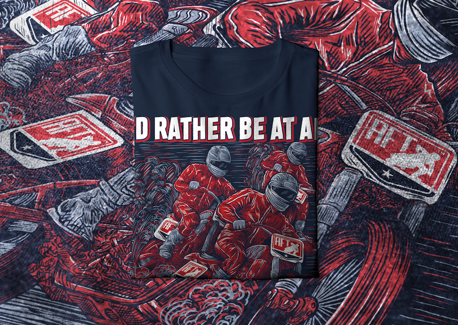 t-shirt design of motorcyclists largely in light blue, with a red accent
