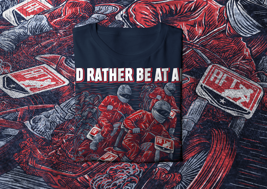 t-shirt design of motorcyclists largely in light blue, with a red accent