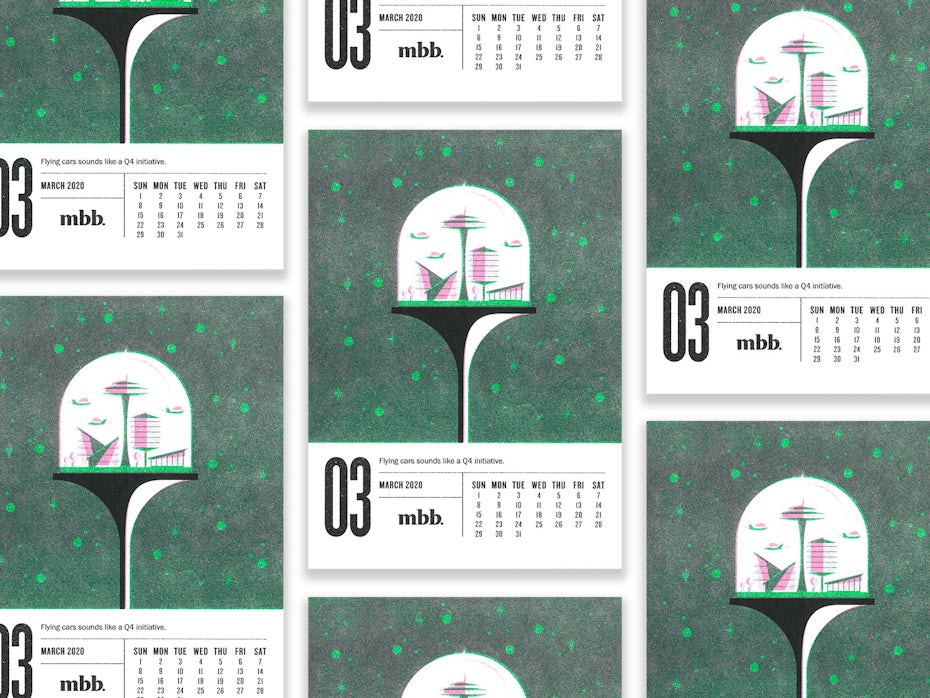 Calendar with retro futuristic illustrations
