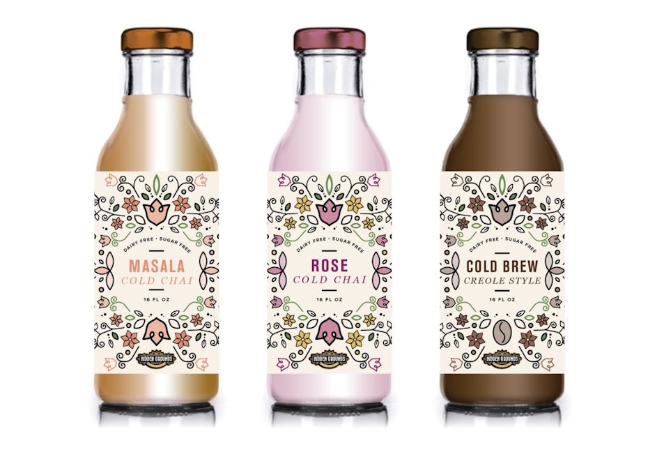 symmetry packaging design trend: cold brew bottles with intricate black, pink, green and yellow pattern on their labels