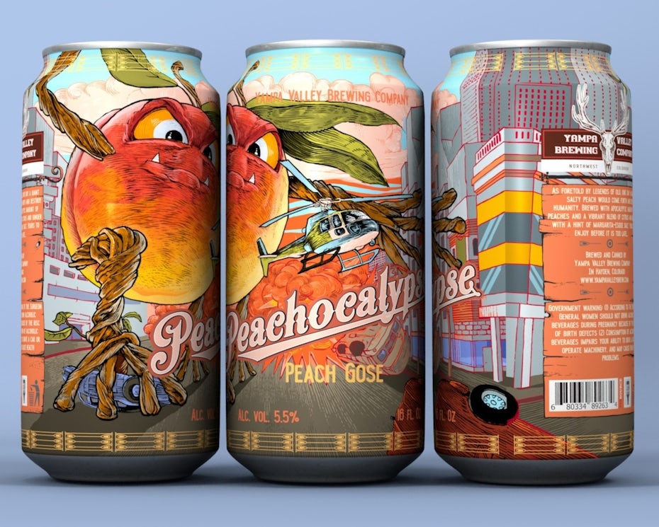 story-driven packaging design trend: multicolored beer can depicting an angry peach
