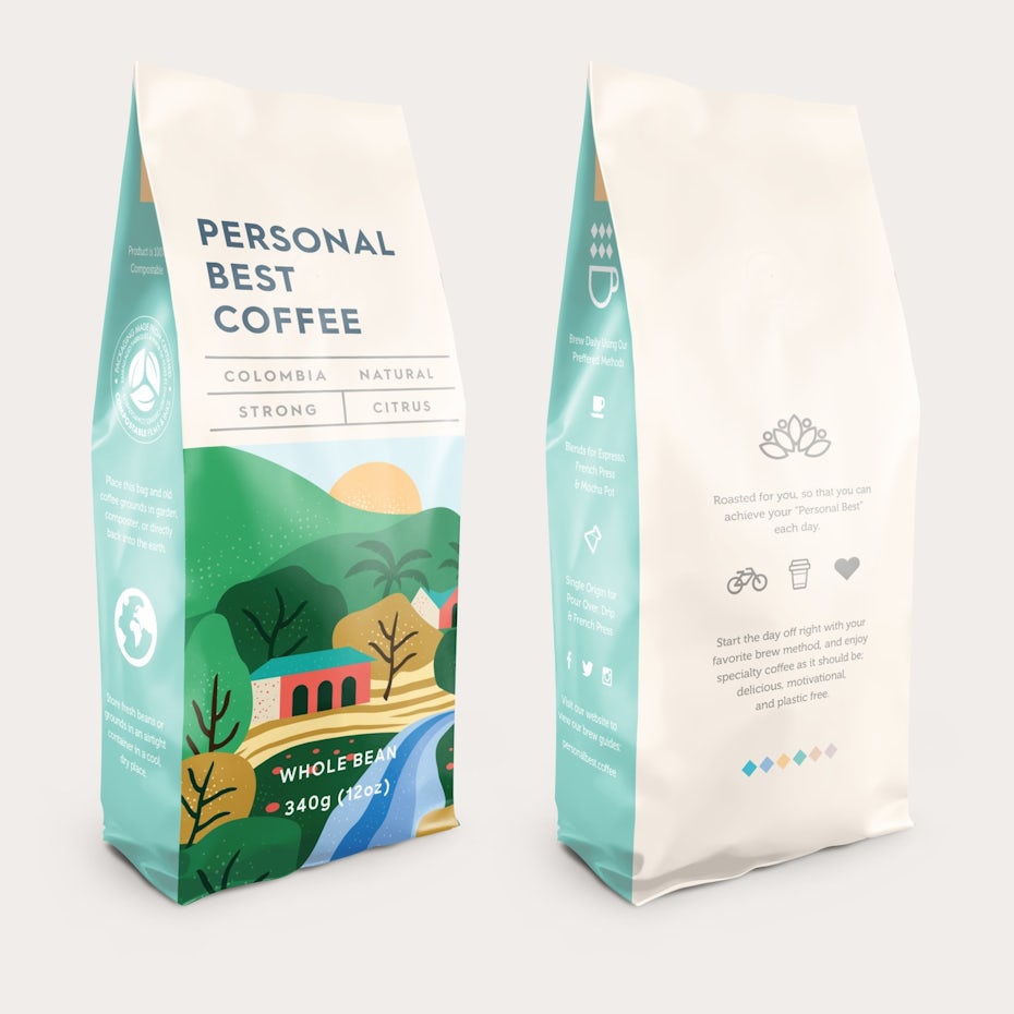 Coffee pouch packaging design with illustrated nature scene