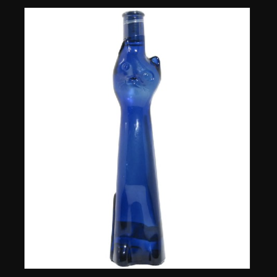 La Marca del vino:  botella de vino azul con forma de gato