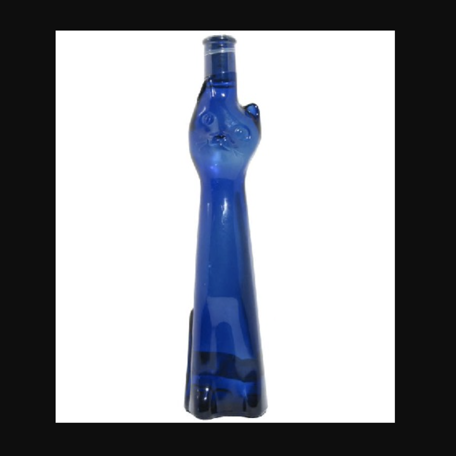blue wine bottle shaped like a cat
