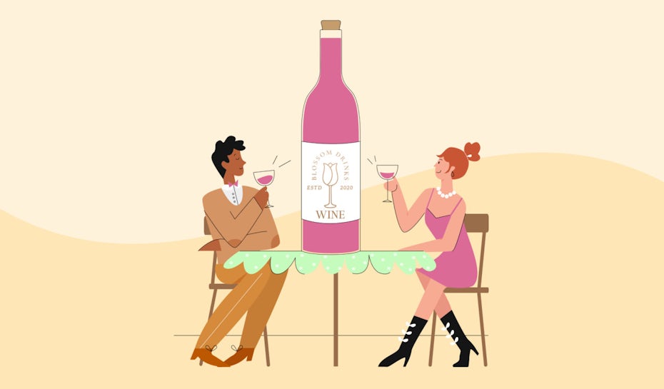 Wein Branding illustration mit wein trinkendem pärchen