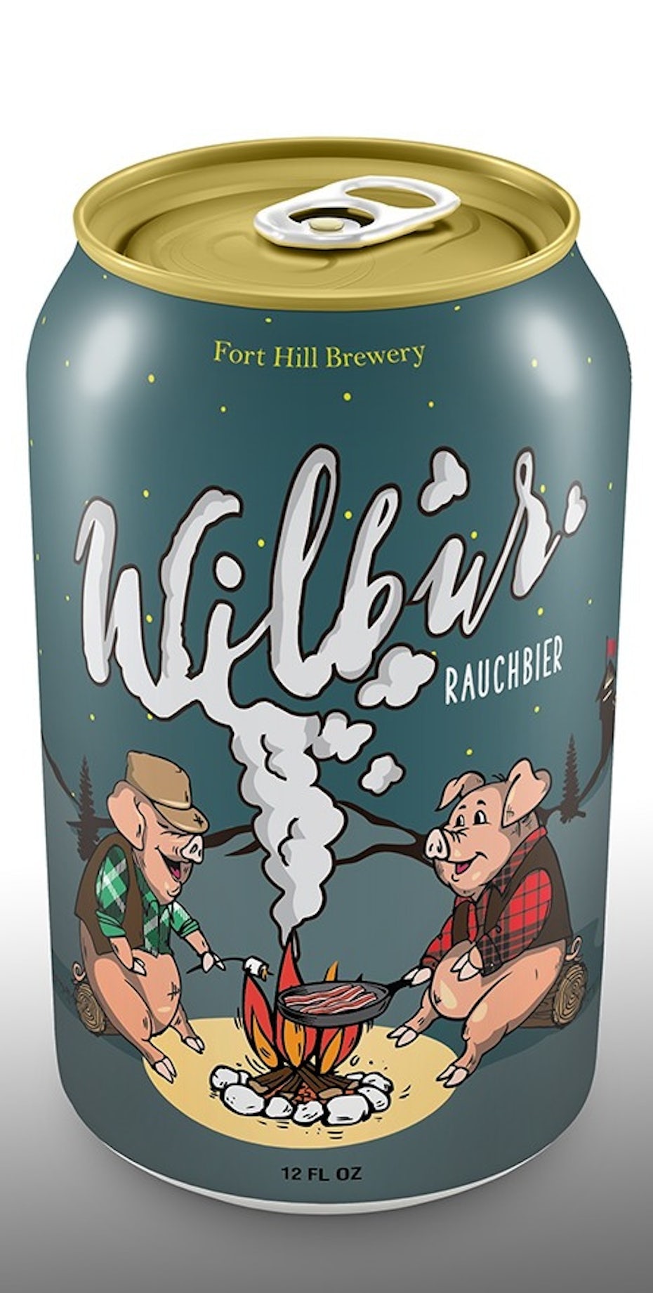 story-driven packaging design trend: beer can showing two pigs sitting by a campfire
