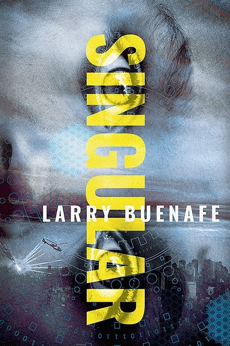 blurry book cover trends example: book cover in shades of blue with a face and yellow text
