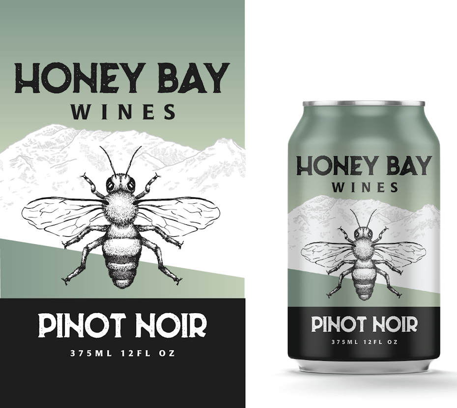 anatomical drawing packaging design trend: can showing a bumblebee and mountain range on its label