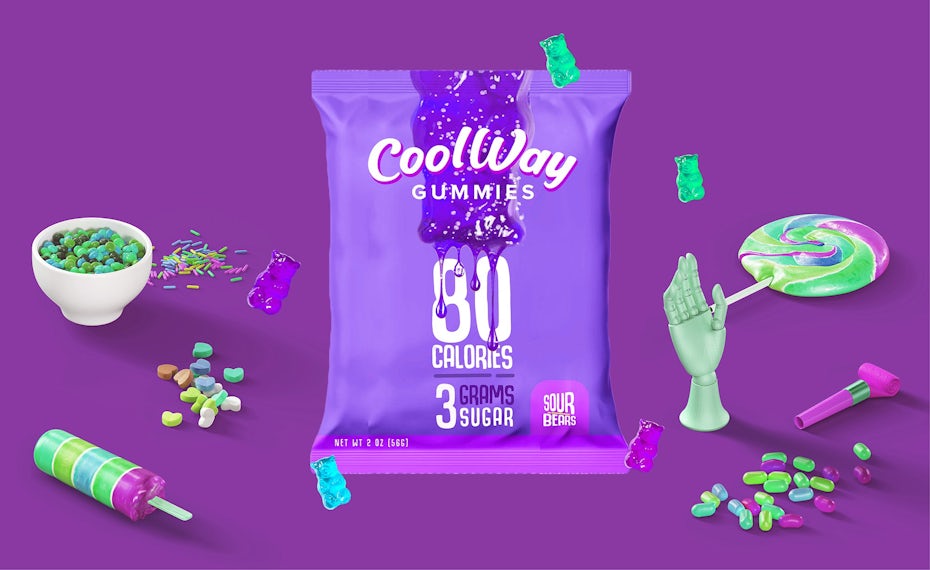 solid color packaging design trend: purple packet packaging for gummy candies