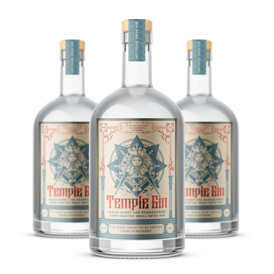 vintage experience packaging design trend: gin bottles with intricate illustrated labels