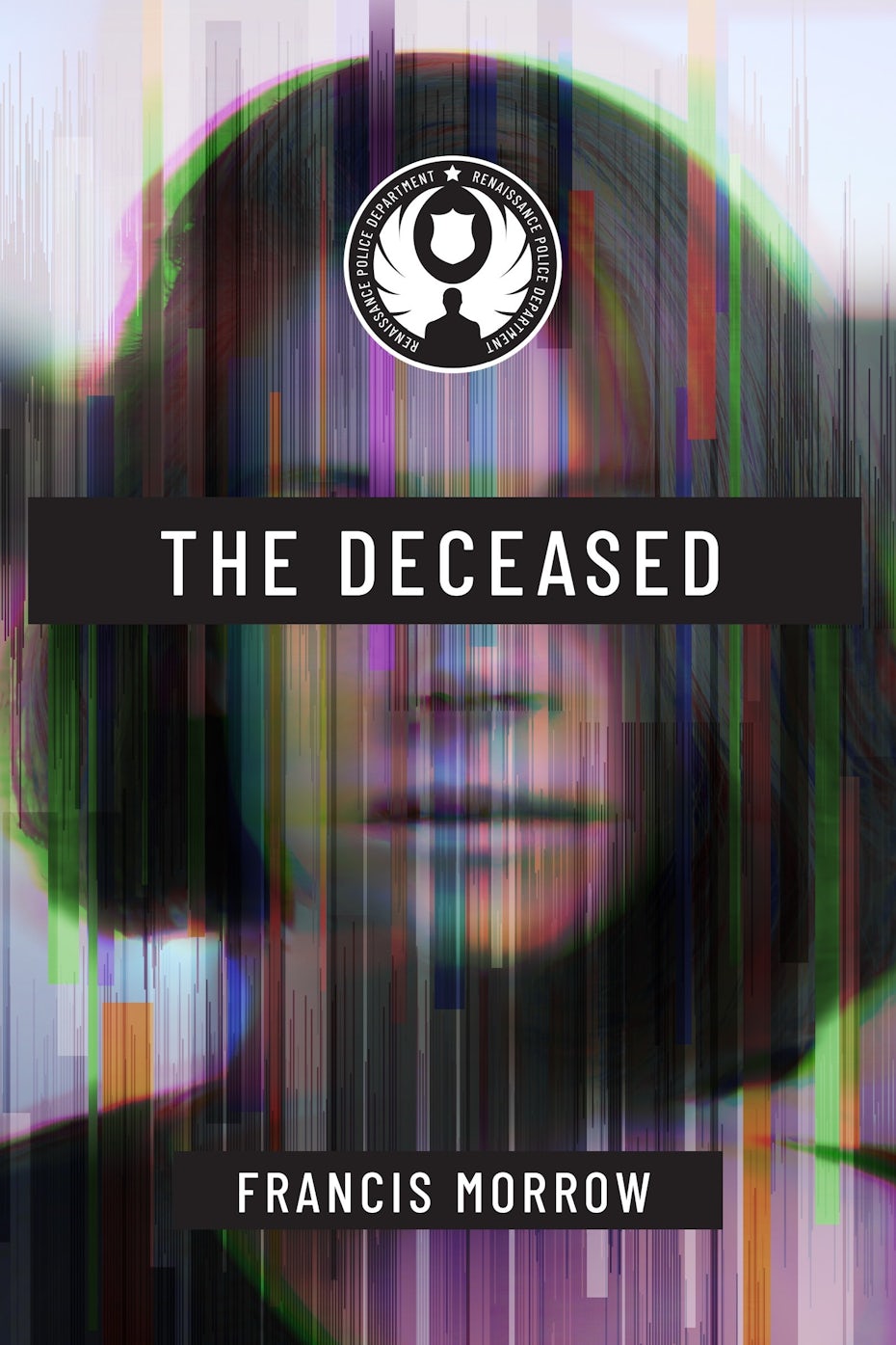 glitch art design in mostly shades of purple, showing a woman’s face