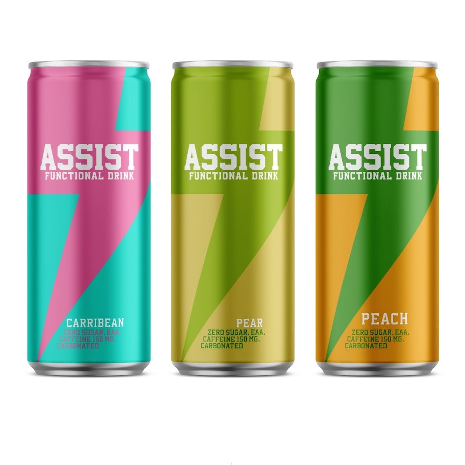 geometry packaging design trend: three energy drink cans, each with a lightning bolt design