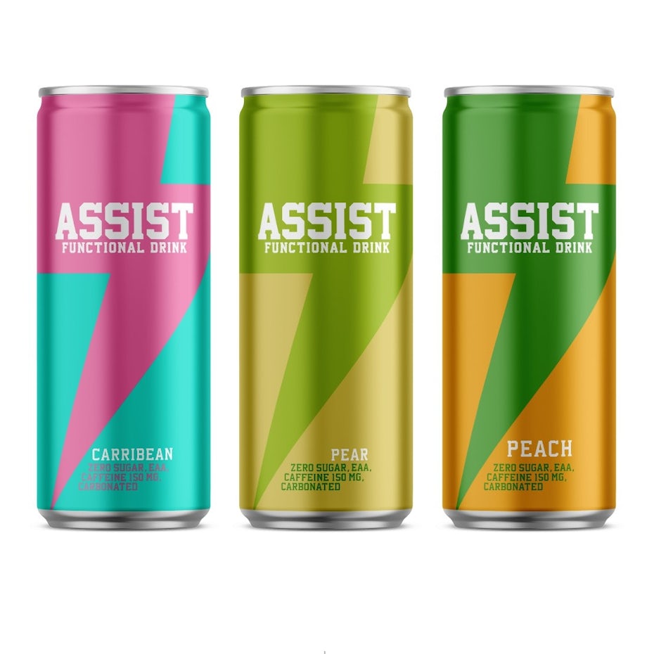 three energy drink cans, each with a lightning bolt design