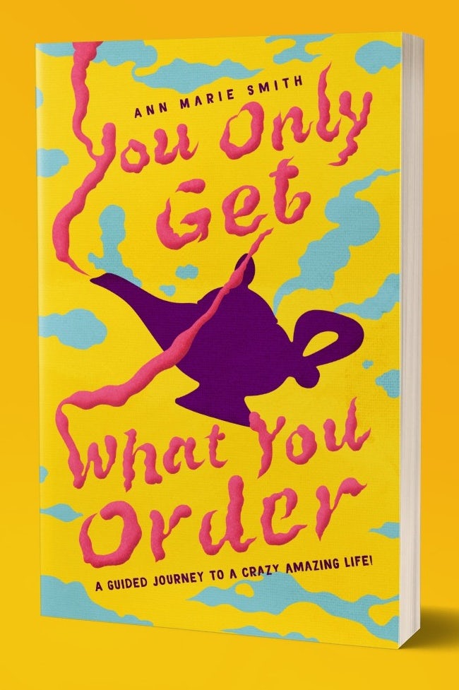 yellow book cover with an oil lamp and text comprised of the pink smoke from it