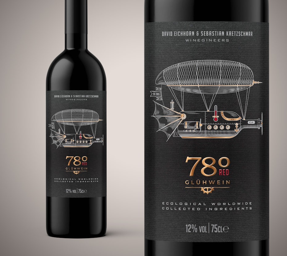 technical drawing packaging design trend: wine bottle with a label showing an airship