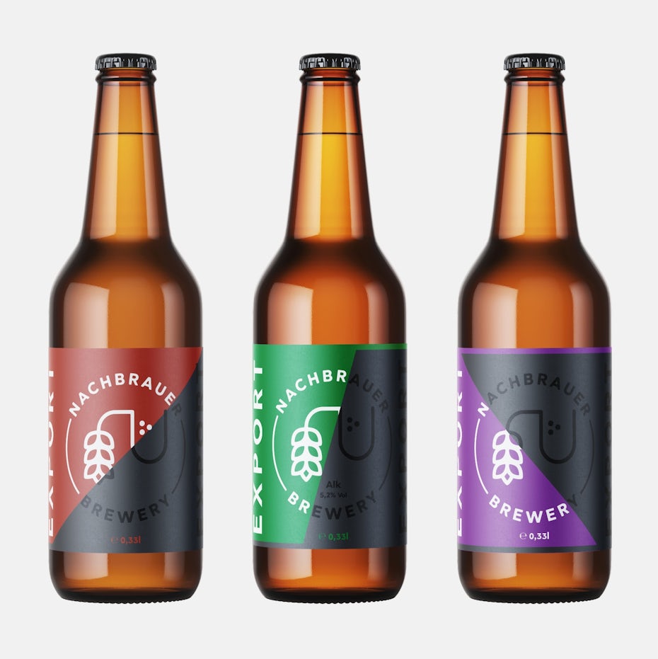 geometry packaging design trend: three beer bottles side by side, each with a gray and colorful label