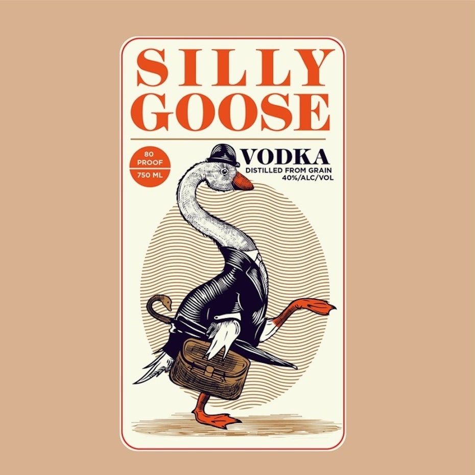 Vodka label illustration of a goose in human clothing